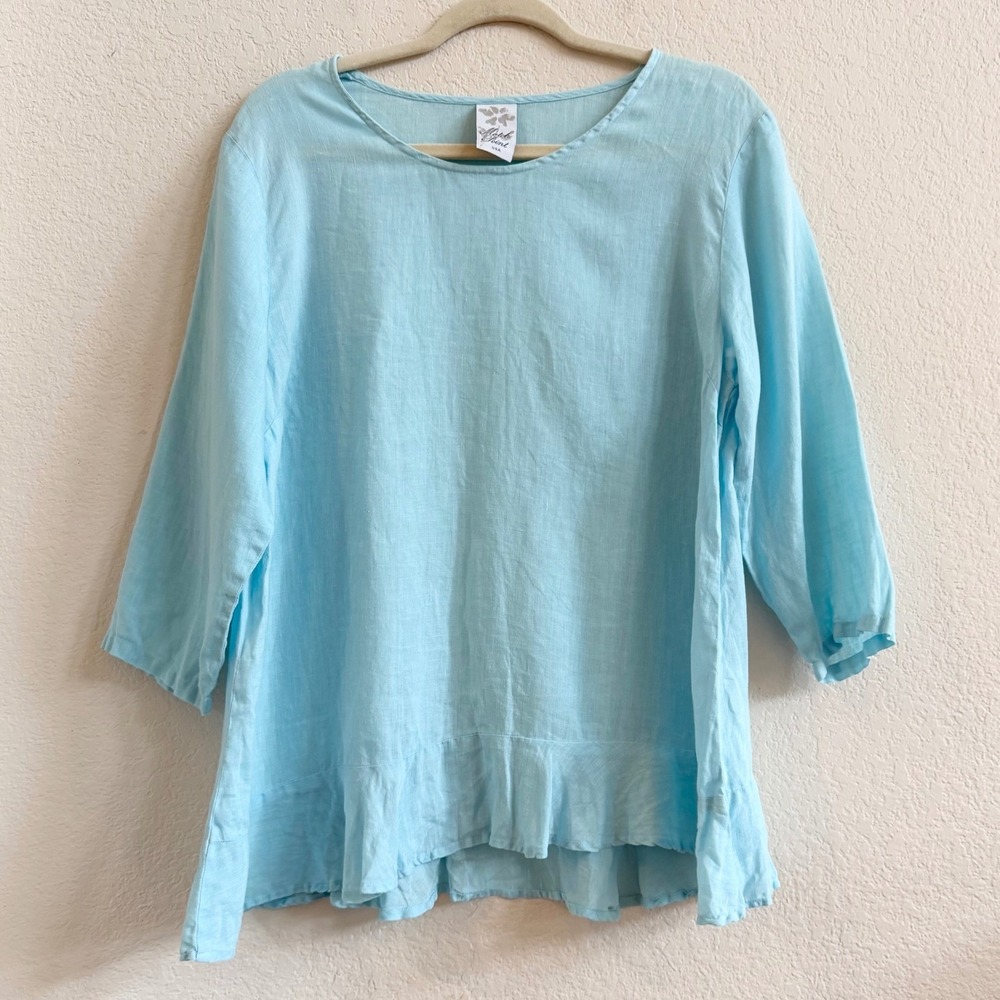 Match Point USA Light‎ Blue Linen Ruffle Hem Tunic Top 3/4 Sleeve Lagenlook